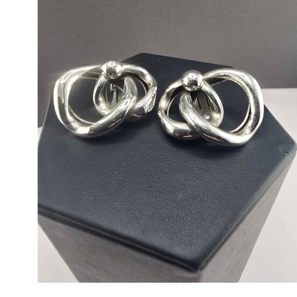 Vintage Coro Clip On Earrings Silver Tone Sculptural Interlocking Knot Signed